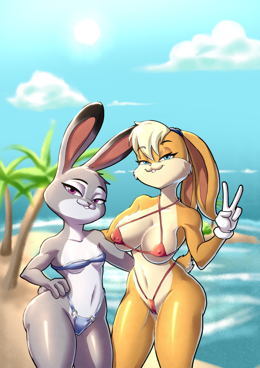 2girls alternate_version_available anthro beach big_breasts bikini blue_bikini blue_swimsuit breasts cameltoe crossover disney erect_nipples erect_nipples_under_clothes female_only furry hand_on_hip judy_hopps lola_bunny looking_at_viewer looney_tunes micro_bikini navel notilustregui ocean outside peace_sign rabbit red_bikini red_swimsuit sea small_breasts smile space_jam swimsuit tail v v_sign warner_brothers water zootopia