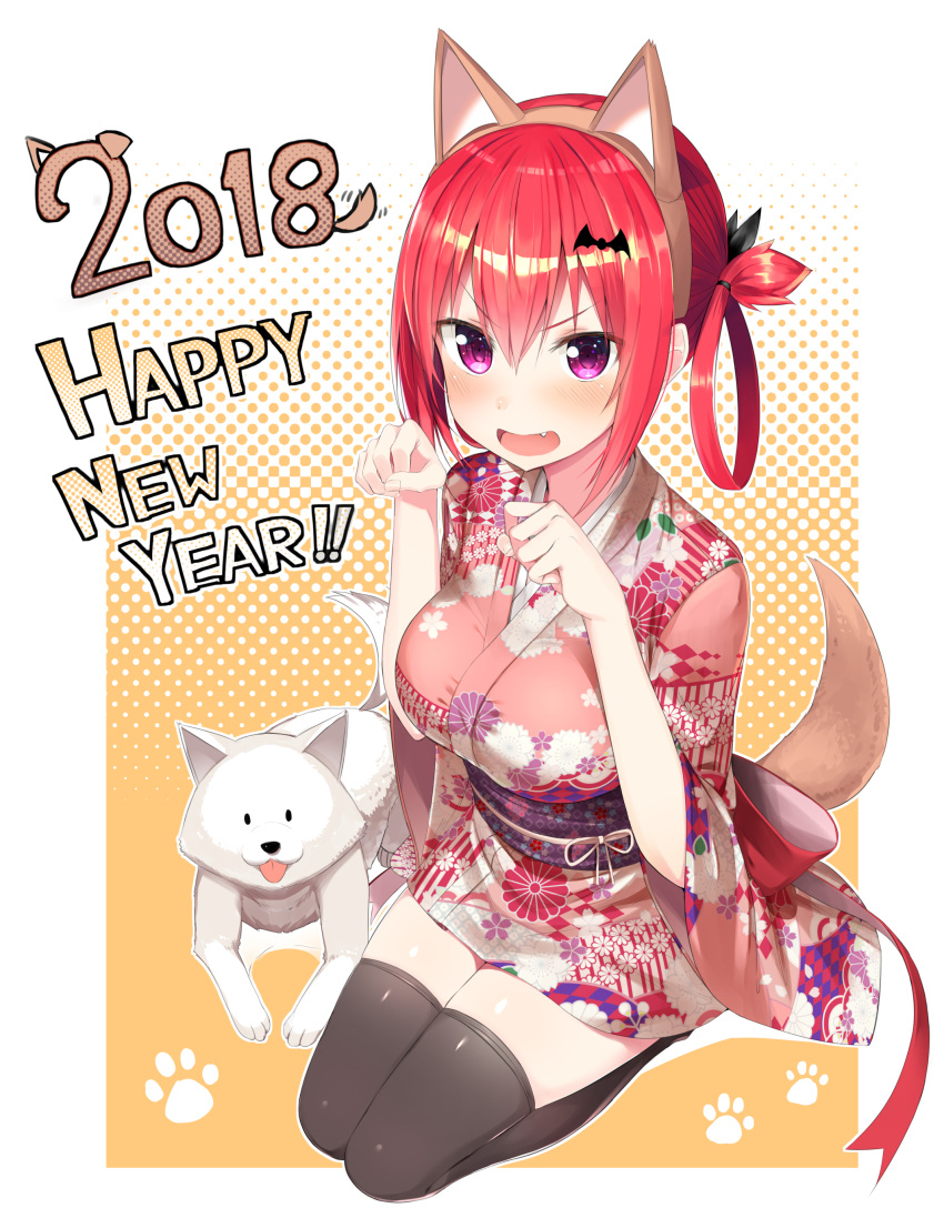 1girl 1girl 2018 :d absurd_res animal_ears animal_hands bat_hair_ornament big_breasts black_eyes black_thighhighs blush breasts brown_hairband chinese_zodiac commentary_request dog dog_(gabriel_dropout) dog_ears dog_tail embarrassed english_text fake_animal_ears fang floral_print full_body gabriel_dropout greatmosu hair_ornament hair_ribbon hair_rings hairband hands_up happy_new_year high_res kemonomimi_mode long_sleeves looking_at_viewer motion_lines new_year no_shoes nose_blush open_mouth paw_pose paw_print purple_eyes red_hair ribbon satanichia_kurumizawa_mcdowell seiza sitting smile stockings tail tongue tongue_out v-shaped_eyebrows white_fur wide_sleeves year_of_the_dog zettai_ryouiki