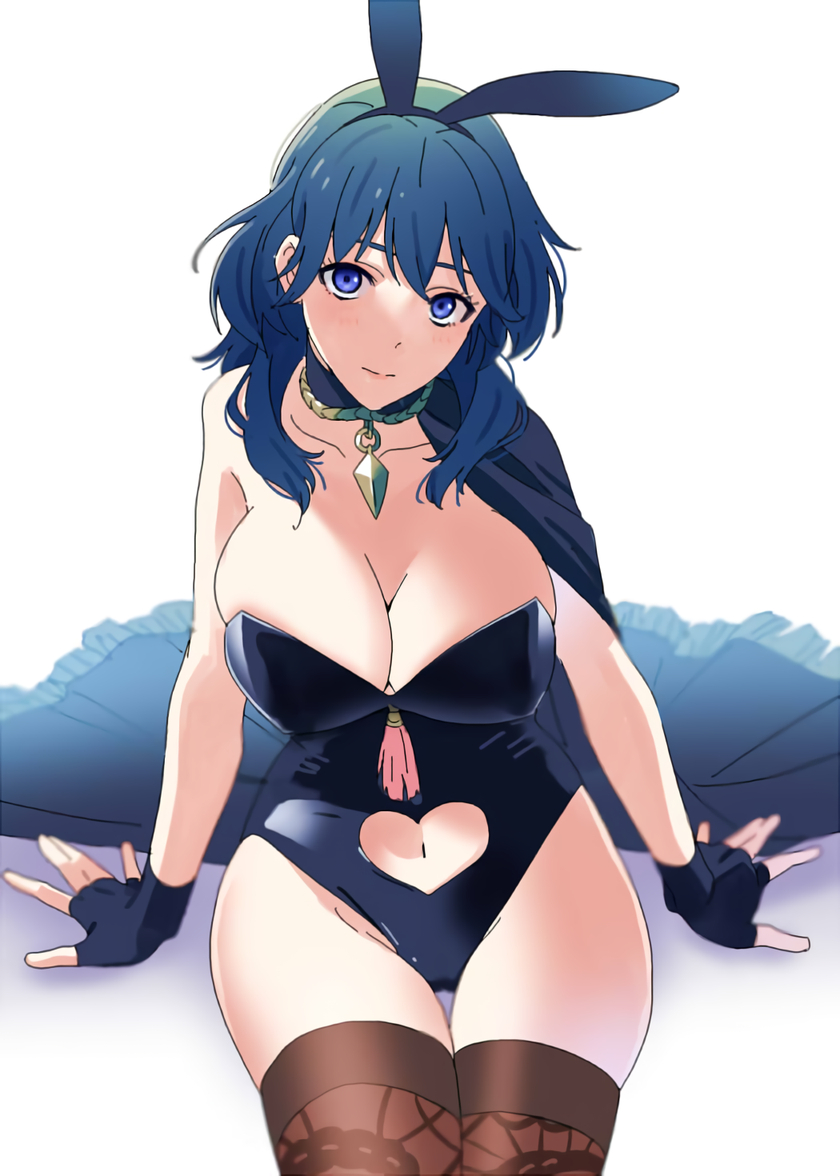 1girl 1girl 46yonaka alluring animal_ears big_breasts blue_eyes breasts byleth_(female) byleth_(female)_(fire_emblem) byleth_(fire_emblem) byleth_(fire_emblem)_(female) cape cleavage clothing_cutout fake_animal_ears fire_emblem fire_emblem:_three_houses gloves heart_cutout leotard looking_at_viewer lowres medium_hair navel navel_cutout nintendo playboy_bunny rabbit_ears serious sitting stockings teal_hair thighs yoru_(yoruyonaka