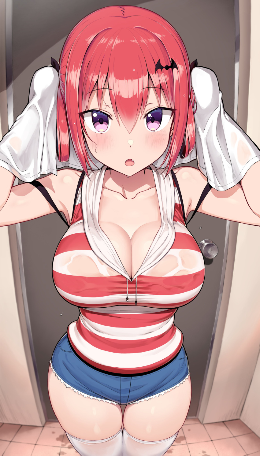 1girl 1girl absurd_res bat_hair_ornament big_breasts blush bra_visible_through_clothes breasts cleavage collarbone curvy denim denim_shorts drying drying_hair gabriel_dropout greatmosu hair_ornament high_res looking_at_viewer open_mouth purple_eyes red_hair satanichia_kurumizawa_mcdowell shirt short_shorts shorts simple_background stockings striped striped_shirt thick_thighs thigh_gap thighs towel wet wet_clothes wet_hair white_thighhighs