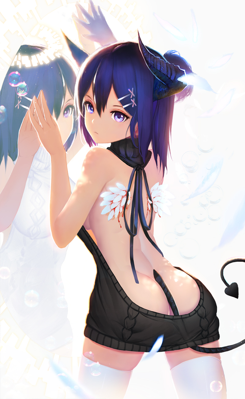 1girl 1girl angel angel_and_devil angel_wings aran_sweater arm_up ass backless_dress backless_outfit bare_arms bare_back bare_shoulders black_sweater black_vs_white b***d blue_eyes blue_hair blush breasts cable_knit chinese_commentary closed_mouth commentary_request cowboy_shot demon_girl demon_horns demon_tail different_reflection dress dripping eyelashes feathered_wings feathers from_behind frown gabriel_dropout hair_between_eyes hair_ornament hairclip halo hand_up heart high_res horns injury looking_at_viewer looking_back medium_breasts meme_attire motion_blur naked_sweater nooko one_eye_covered photoshop_(medium) purple_eyes purple_hair reflection short_hair sideboob stockings sweater sweater_dress tail turtleneck turtleneck_sweater vignette_tsukinose_april virgin_killer_sweater white_sweater white_thighhighs wings x_hair_ornament