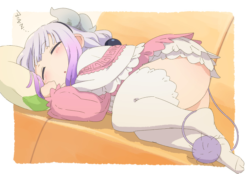 1girl 1girl beads blush border capelet closed_eyes commentary_request couch dragon_girl dragon_horns dress frilled_capelet frills gradient_hair hair_beads hair_ornament high_res horns kanna_kamui kobayashi-san_chi_no_maidragon legs light_purple_hair long_sleeves lying multicolored_hair no_shoes on_couch on_side parted_lips pink_dress purple_hair samansa_ex sleeping stockings tail thighs white_border white_capelet white_thighhighs zzz