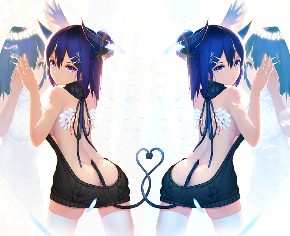 1girl angel angel_and_devil angel_wings aran_sweater arm_up ass backless_dress backless_outfit bare_arms bare_back bare_shoulders black_sweater black_vs_white b***d blue_eyes blue_hair blush breasts cable_knit chinese_commentary closed_mouth commentary_request cowboy_shot demon_girl demon_horns demon_tail different_reflection dress dripping eyelashes feathered_wings feathers from_behind frown gabriel_dropout hair_between_eyes hair_ornament hairclip halo hand_up heart heart_tail_duo horns injury intertwined_tails looking_at_viewer looking_back medium_breasts meme_attire motion_blur multiple_views naked_sweater nooko one_eye_covered photoshop_(medium) purple_eyes purple_hair reflection short_hair sideboob stockings sweater sweater_dress symmetrical_pose symmetry tail turtleneck turtleneck_sweater vignette_tsukinose_april virgin_killer_sweater white_sweater white_thighhighs wings x_hair_ornament