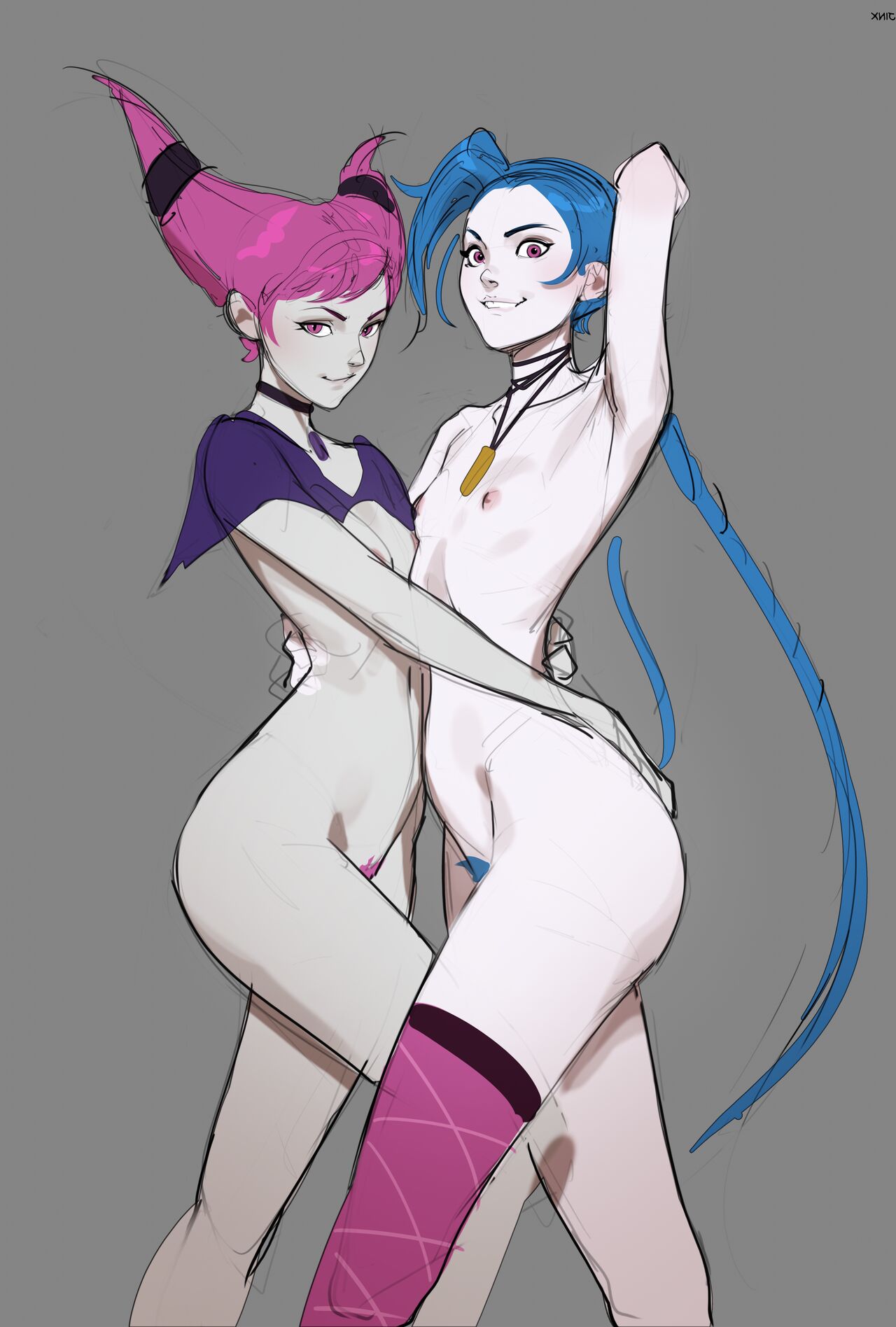2girls arms_behind_back arms_up blue_hair blue_pubic_hair choker crossover dc_comics female_only female_pubic_hair high_res hourglass_figure jinx jinx_(league_of_legends) league_of_legends long_hair looking_at_viewer necklace nipples nude pink_pubic_hair pubic_hair purple_eyes purple_hair riot_games skinny small_breasts stockings tagme tarakanovich teen_titans wide_hips yuri