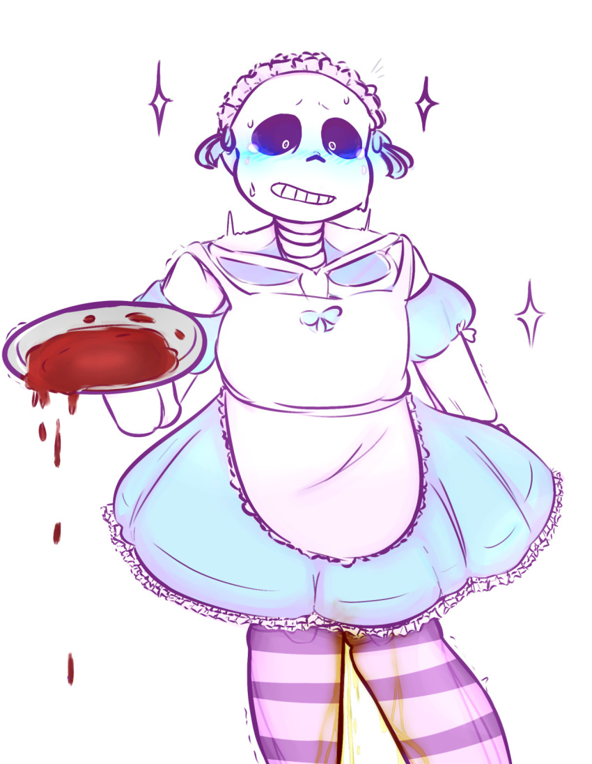 animated_skeleton blue_blush blush bottom_sans clothed holding_object looking_down maid_outfit maid_uniform nervous omorashi pee peeing peeing_self pissing sans sans_(undertale) skeleton spill spilling stockings striped_legwear striped_stockings striped_thighhighs suckmytrombone sweat uke_sans undead undertale undertale_(series) urinating urination