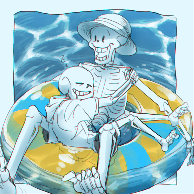 1:1 1:1_aspect_ratio 2017 animated_skeleton brothers cozmic13 hat hooded_jacket hoodie jacket monster papyrus papyrus_(undertale) sans sans_(undertale) sfw skeleton sleeping swimming_ring topless topless_male undead undertale undertale_(series) water