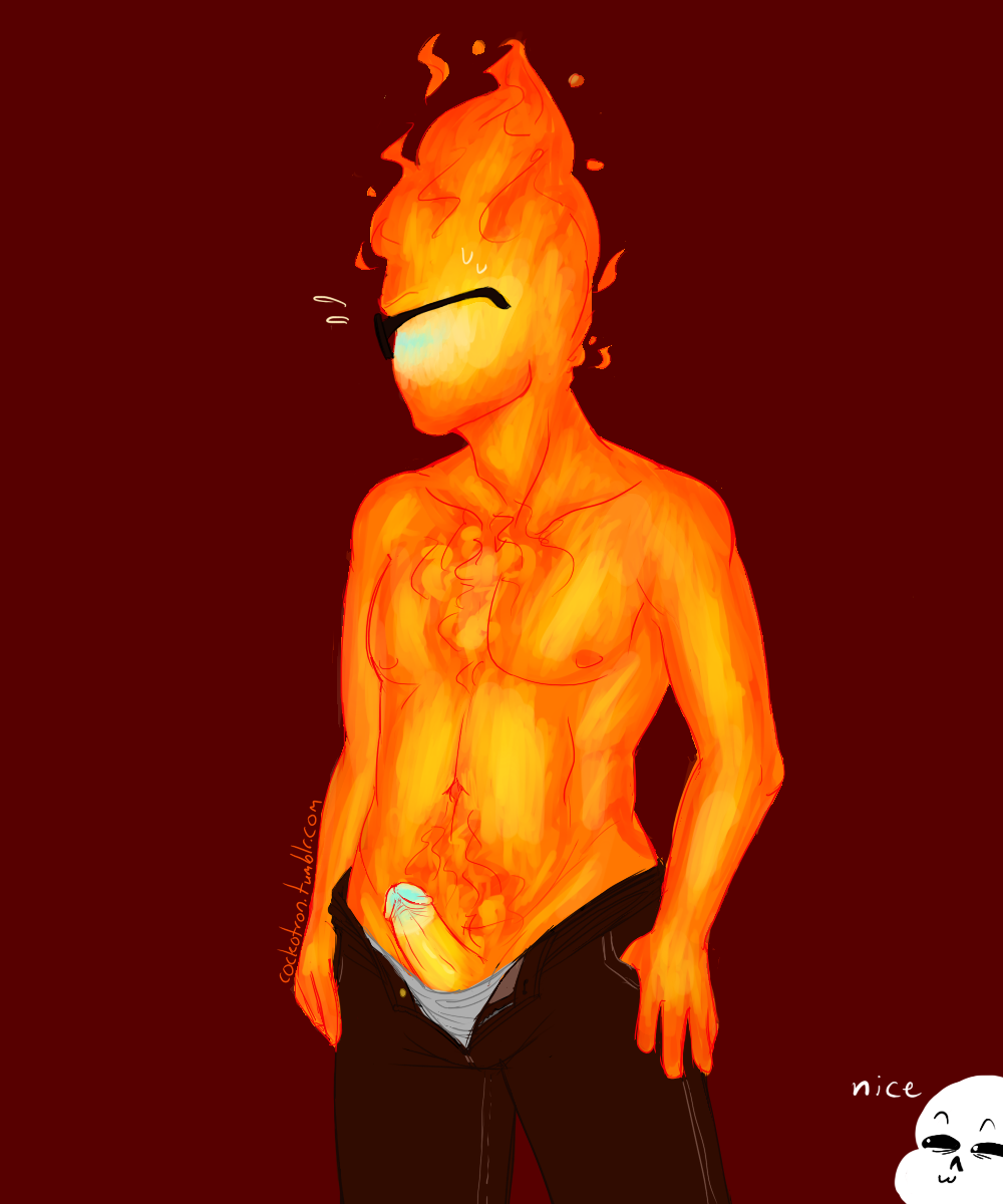 2016 :3 animated_skeleton blue_glans blush cockotron dark_background duo fire_elemental grillby grillby_(undertale) grillsans looking_at_another looking_away male male_focus monster orange_body orange_penis pants_only penis penis_out red_background sans sans_(undertale) sansby simple_background skeleton solid_color_background solo_focus sweat text topless topless_male tumblr_username undead undertale undertale_(series) unzipped unzipped_pants