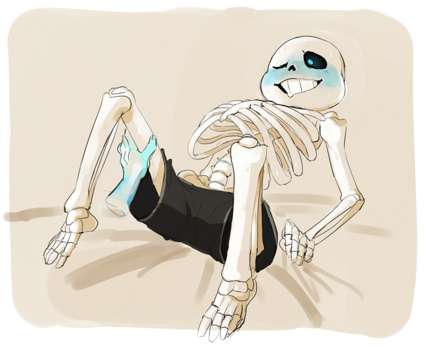 animated_skeleton blue_blush blush cheztnuts disembodied_hand monster one_eye_closed pants_only sans sans_(undertale) shirtless skeleton solo_focus topless undead undertale undertale_(series)