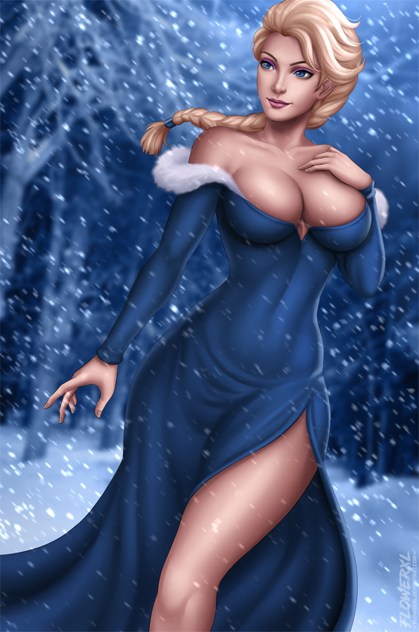 1girl 1girl 1girls artist_signature big_breasts big_breasts big_thighs blonde_hair blue_dress blue_eyes breasts brown_eyebrows cleavage detailed_background disney dress elsa_(frozen) female_only flowerxl frozen_(film) hand_on_chest legs_out long_hair looking_at_another pale-skinned_female pinup ponytail princess purple_background purple_eyebrows slim_waist snow_flakes snowing tagme