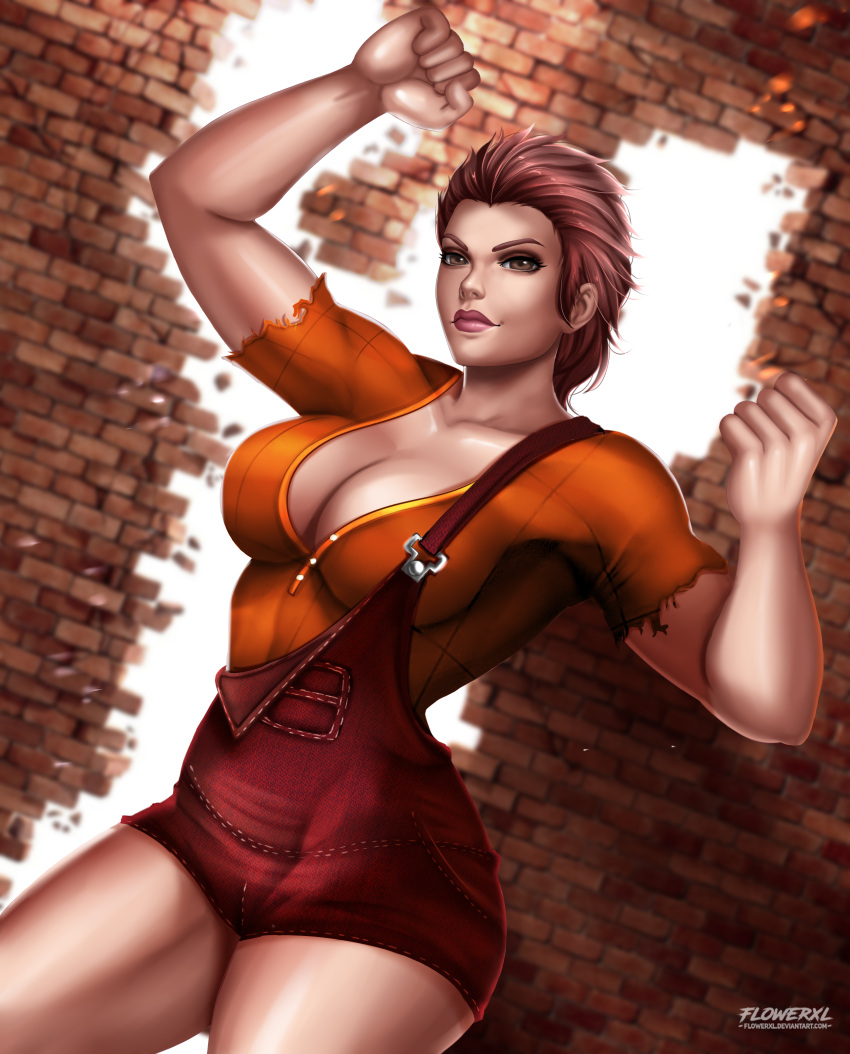 1female biceps big_breasts breasts brick_wall broken_wall brown_eyes brown_hair cleavage disney flowerxl genderswap genderswap_(mtf) huge_breasts looking_at_viewer low_angle_view muscular_female orange_shirt pale-skinned_female pale_skin pink_lipstick ralph_breaks_the_internet red_pants short_hair slim_waist standing strong_woman suspenders watermark wreck-it_ralph wreck-it_ralph_(character)