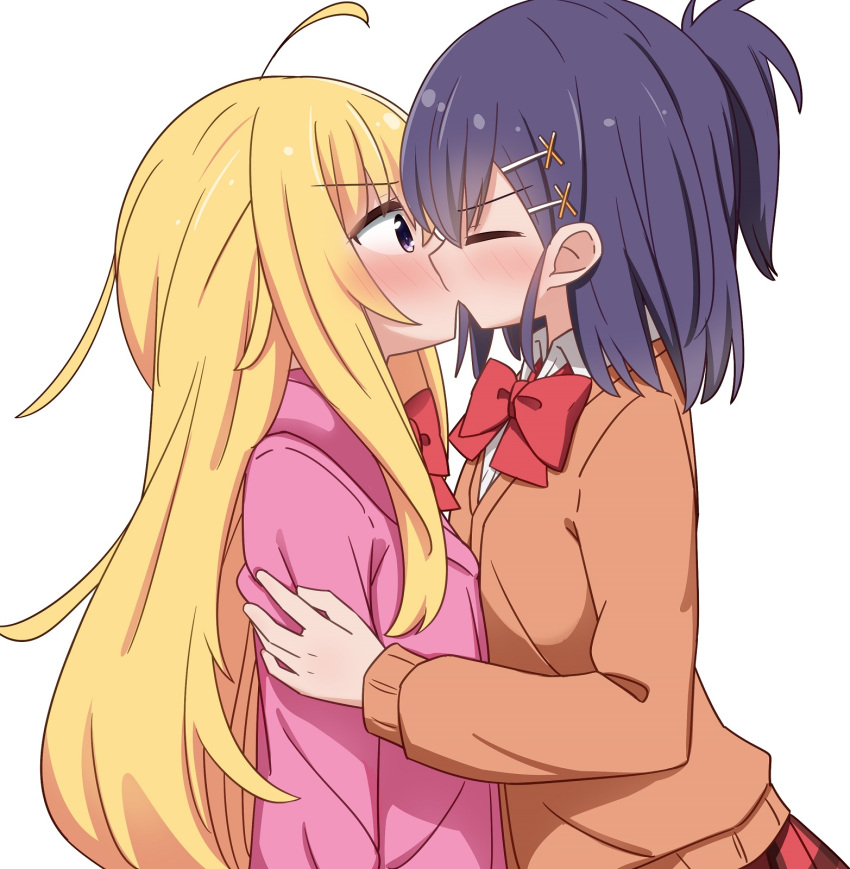 2_girls ahoge bad_id bad_pixiv_id black_hair blonde_hair blush bow closed_eyes gabriel_dropout gabriel_tenma_white hair_ornament high_res jacket kissing long_hair looking_at_another medium_hair miruzawa_akechi multiple_girls ponytail purple_eyes school_uniform simple_background upper_body vignette_tsukinose_april white_background x_hair_ornament yuri