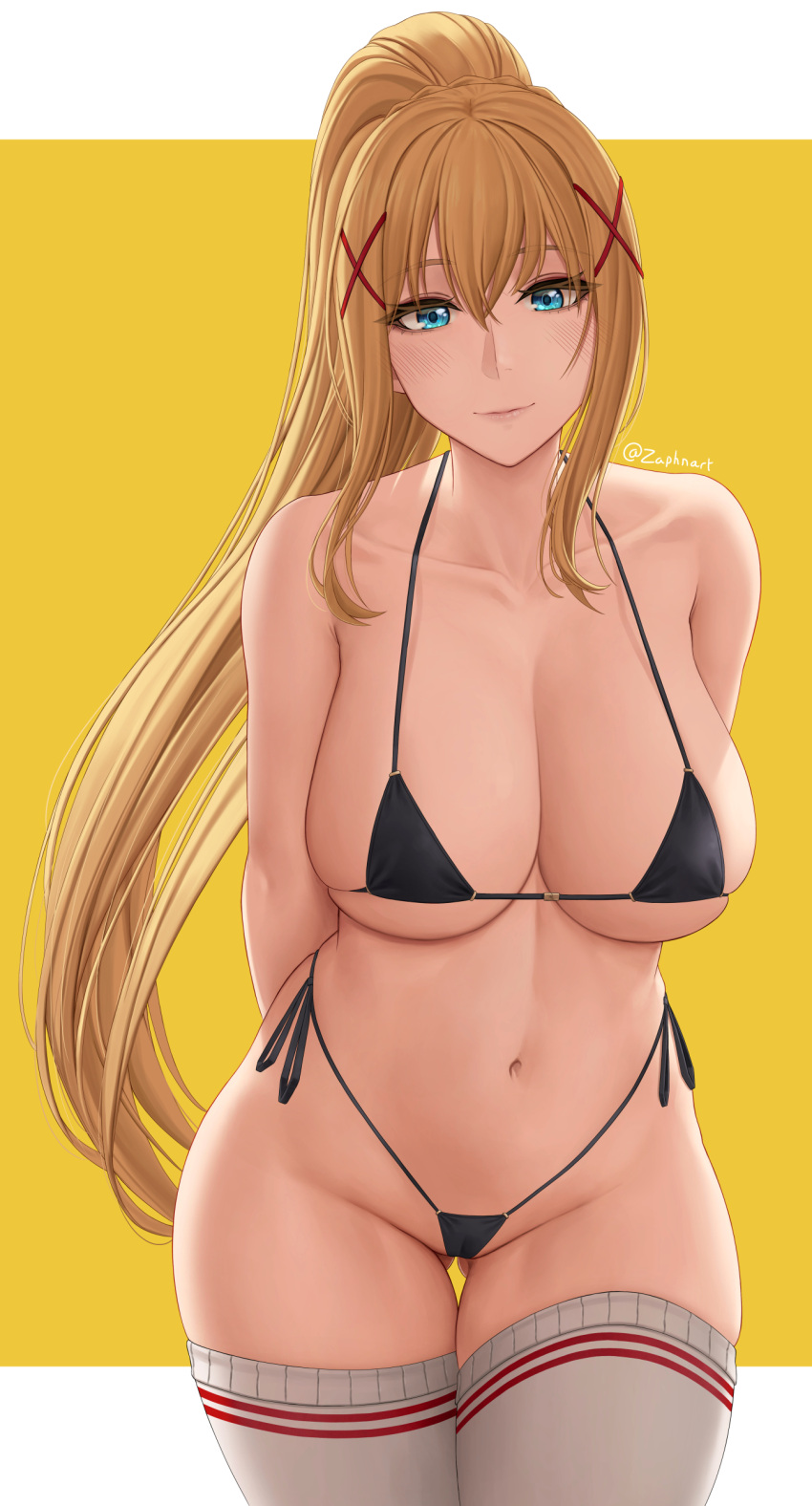 1girl 1girls alternate_version_available aqua_eyes archway_of_venus arms_behind_back bangs bare_shoulders belly belly_button big_breasts bikini black_bikini black_swimsuit blonde_hair blue_eyes blunt_bangs blush border breasts cameltoe cleavage closed_mouth cowboy_shot curvaceous curvy curvy_figure darkness_(konosuba) double_v eye_contact eyebrows_visible_through_hair eyelashes female_only gluteal_fold hair_between_eyes hair_ornament halterneck high_ponytail high_res high_resolution highleg highleg_bikini highleg_swimsuit hourglass_figure huge_breasts kono_subarashii_sekai_ni_shukufuku_wo! light-skinned_female light_skin long_hair looking_at_viewer micro_bikini navel pink_lips pose posing revealing_clothes side-tie_bikini sideboob sidelocks simple_background sling_bikini smirk socks standing stockings string_bikini swimsuit thick_thighs thigh_gap thighs thin_waist tied_hair under_boob v very_high_resolution very_long_hair white_border white_legwear wide_eyed wide_hips x_hair_ornament yellow_background zaphn