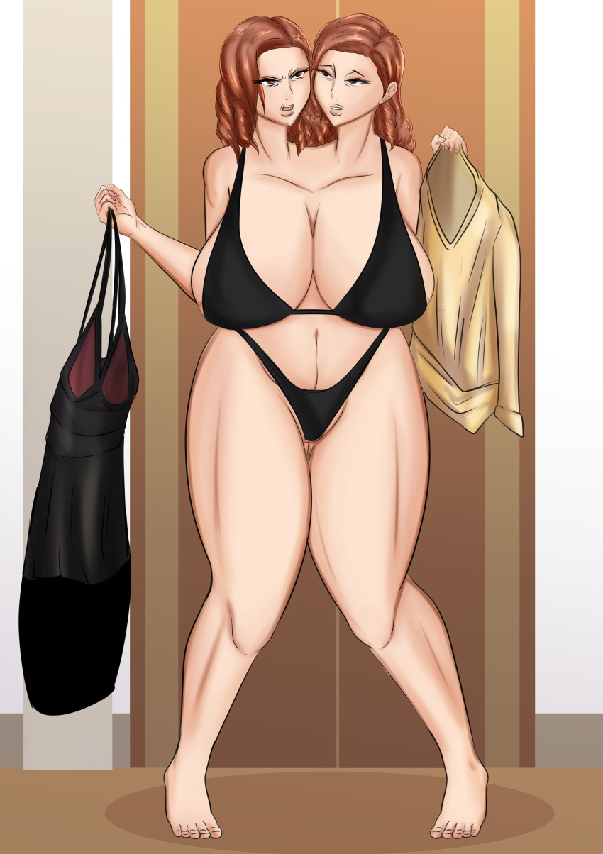 2_girls 2_heads big_ass big_breasts brown_eyes brown_hair fusion hourglass_figure maripan multiple_hearts sisters