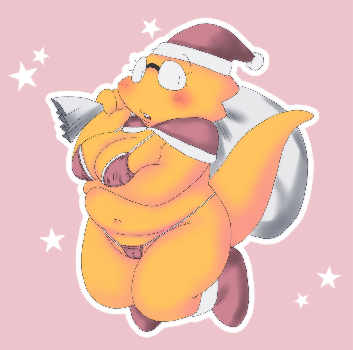 1girl alphys alphys_(undertale) anthro anthro_only aruput aruput_ut bag barely_visible_genitalia belly_button big_breasts breasts cameltoe carrying_bag christmas chubby chubby_female female female_anthro female_only glasses lizard lizard_girl lizard_tail looking_at_viewer microbikini monster non-mammal_breasts pink_background pussy pussy_peek reptile reptile_girl reptile_tail santa santa_bag santa_hat scalie simple_background solid_color_background solo solo_anthro solo_female star swimsuit tail thick_thighs thong thong_bikini undertale undertale_(series) yellow_body yellow_skin