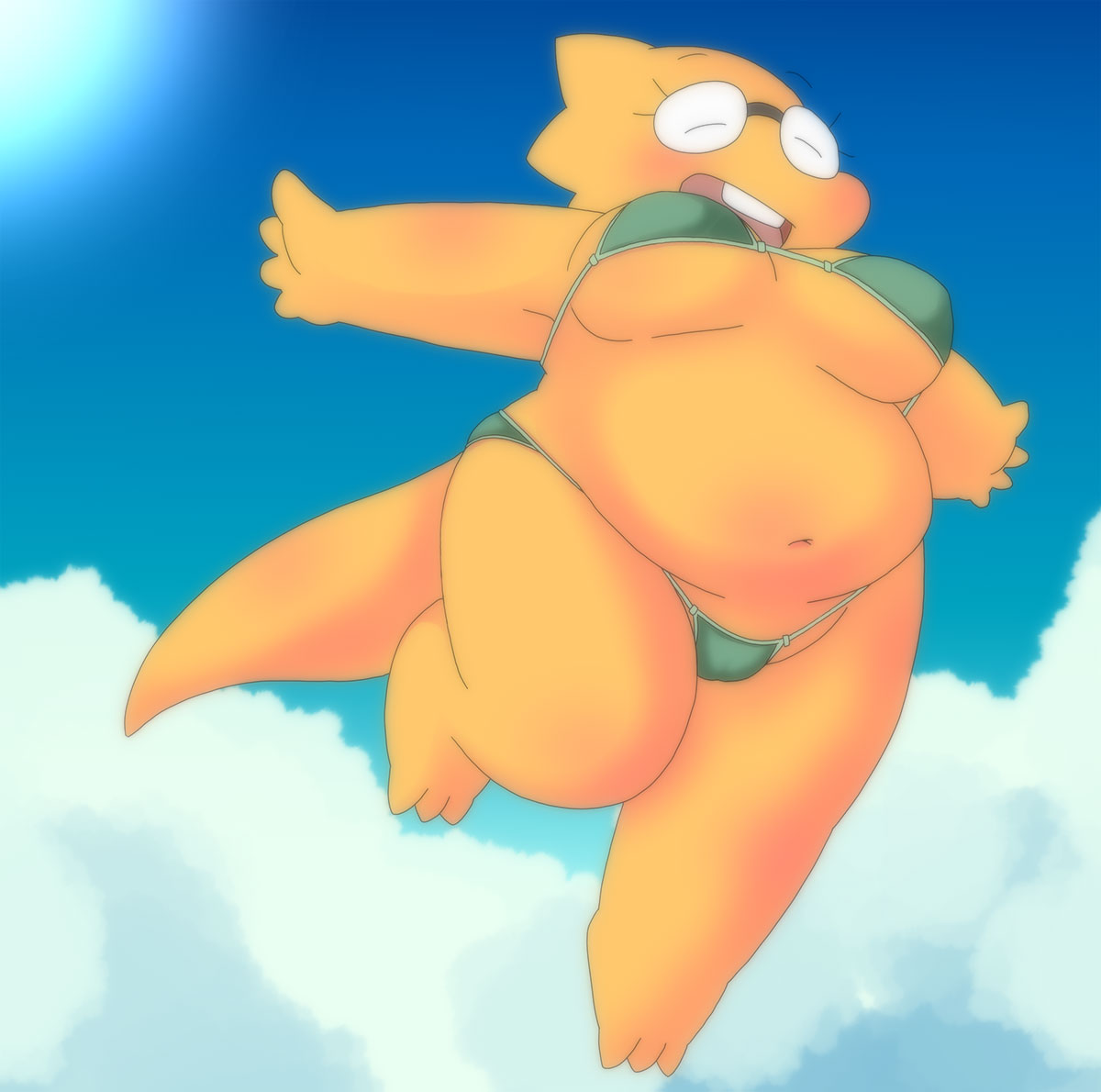 1_girl 1girl 2020s 2021 adorable alphys alphys_(undertale) anthro anthro_only aruput aruput_ut bikini breasts chubby chubby_anthro chubby_female clouds cute female female_anthro female_only glasses in_air lizard lizard_girl lizard_tail monster monster_girl non-mammal_breasts reptile reptile_girl reptile_tail scalie sky solo solo_anthro solo_female swimsuit tail undertale undertale_(series) yellow_body yellow_skin