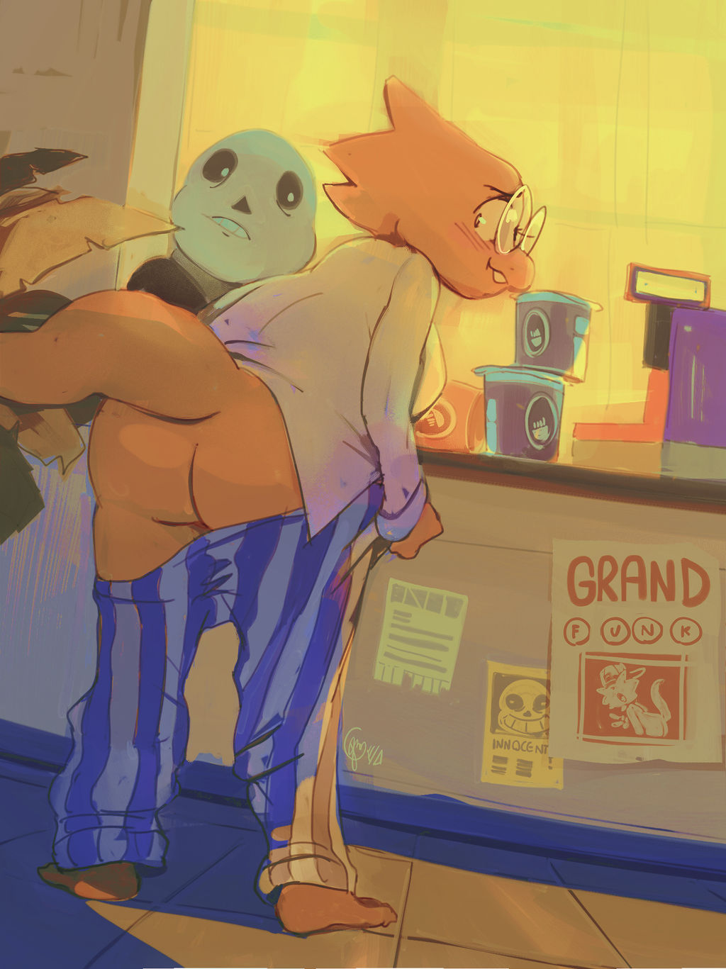 1boy 1girl 1girls 2020s 2022 alphys alphys_(undertale) anthro ass blush butt_crack commission_art duo edtropolis english_text female_anthro female_focus glasses indoors lizard lizard_girl lizard_tail male no_sex pants_down ramen reptile_girl reptile_tail sans sans_(undertale) scalie skeleton tail text undertale undertale_(series) yellow_hair yellow_skin