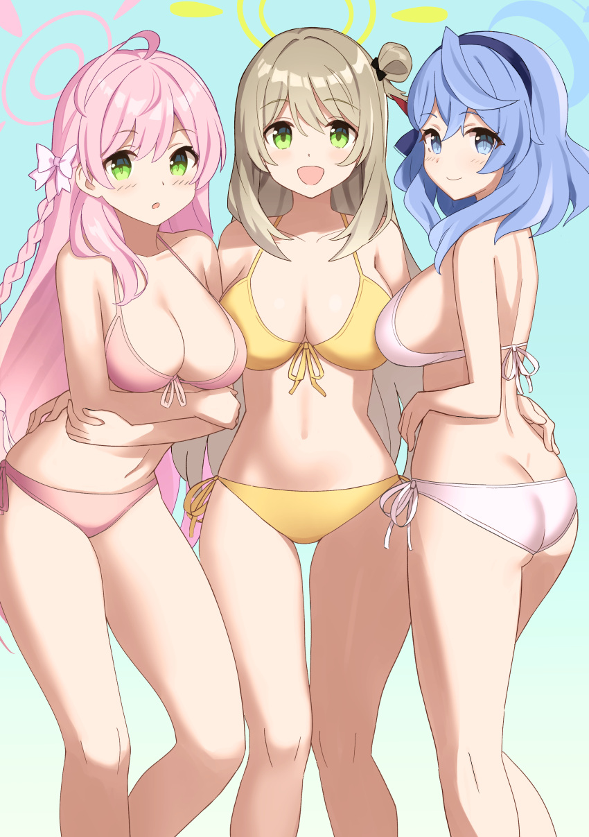 3_girls :d :o absurd_res ahoge ako_(blue_archive) ass big_breasts bikini black_bow blue_archive blue_eyes blue_hair blue_hairband bow braid breasts brown_hair butt_crack commentary crossed_arms front-tie_bikini_top front-tie_top glastonbury1966 gradient_background green_eyes hair_bow hair_bun hairband halo hanako_(blue_archive) hand_on_another's_hip high_res leaning_forward long_hair looking_at_viewer multiple_girls navel nonomi_(blue_archive) nonomi_(swimsuit)_(blue_archive) pink_bikini pink_hair side-tie_bikini_bottom side_braid sideboob single_side_bun smile standing stomach swimsuit thighs very_long_hair white_bikini white_bow yellow_bikini