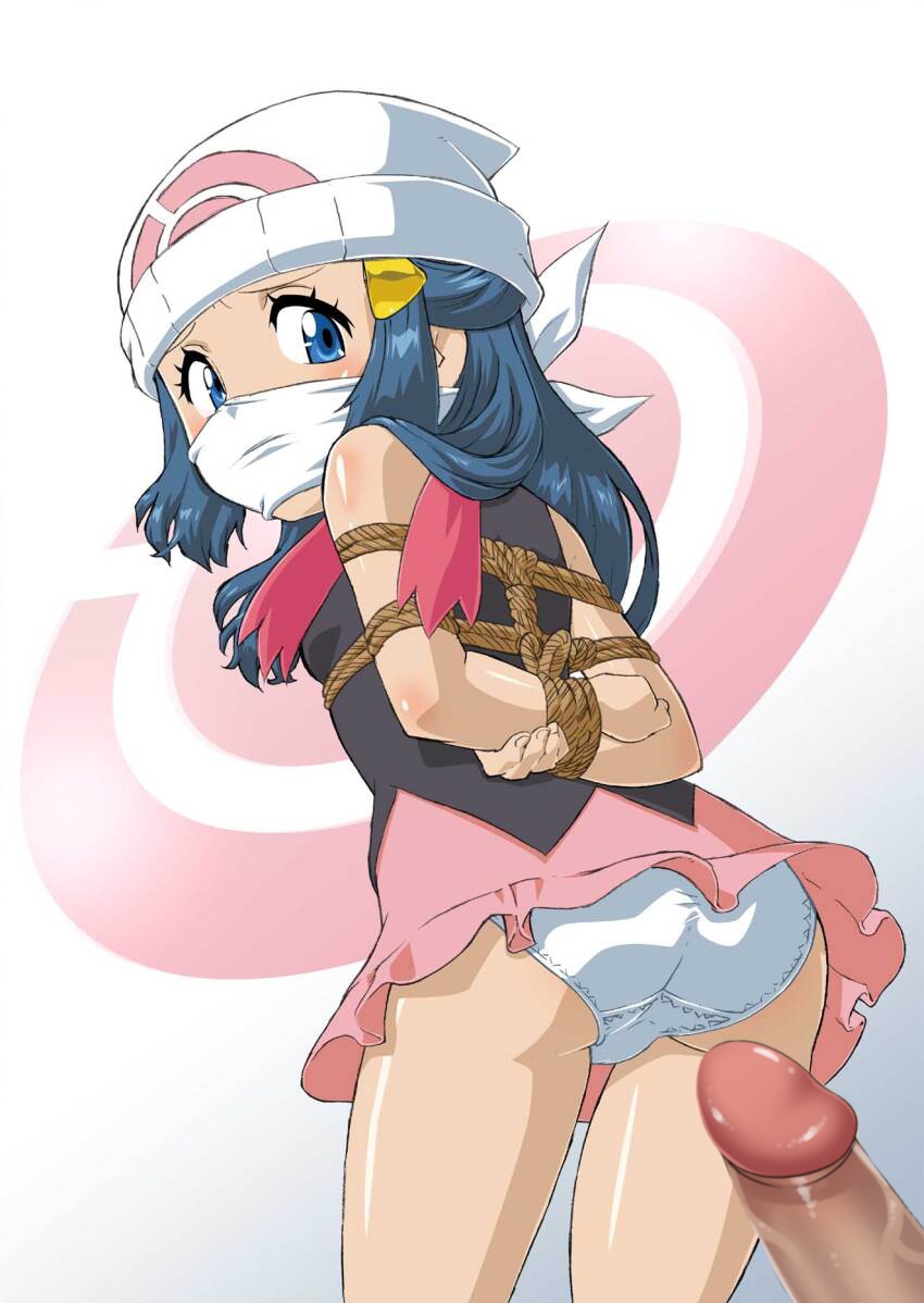 about_to_be_raped ass blue_eyes blue_hair dawn_(pokemon) mouth_hold panties penis pokemon tied tied_hands white_panties
