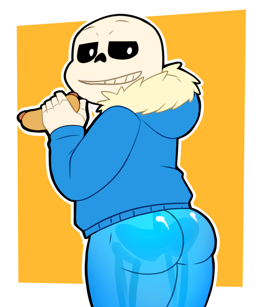 animated_skeleton ass big_ass bottomless clothed clothing ectobody elfein food half_nude hot_dog hotdog looking_at_viewer male male_only monster partially_clothed sans sans_(undertale) skeleton smile thick_thighs undead undertale undertale_(series)