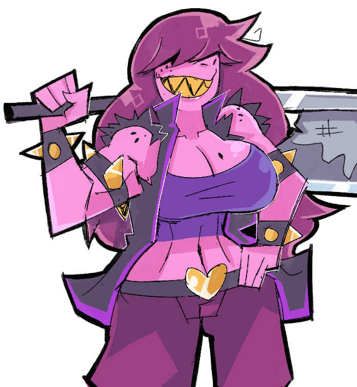 1_girl 1girl 2020s 2023 anthro anthro_only axe big_breasts breasts cleavage clothing deltarune demonbloodpal eyes_covered female female_anthro female_only grin hair hair_over_eyes holding_axe holding_weapon long_hair muscular muscular_female pink_body pink_skin purple_body purple_hair sharp_teeth solo solo_anthro solo_female spiked_bracelet susie_(dark_world_form) susie_(deltarune) teeth undertale_(series) weapon white_background yellow_teeth