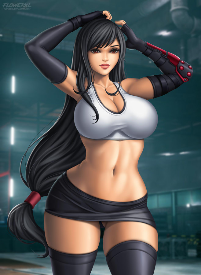 1girl 1girl 1girls armgloves big_breasts big_breasts brown_eyes female_focus female_only final_fantasy final_fantasy_vii final_fantasy_vii_remake fingers flowerxl front_view high_res high_resolution indoors light-skinned_female light_skin long_hair patreon patreon_reward square_enix standing stockings tagme thick thick_legs thick_thighs tifa_lockhart topwear video_game_character white_topwear