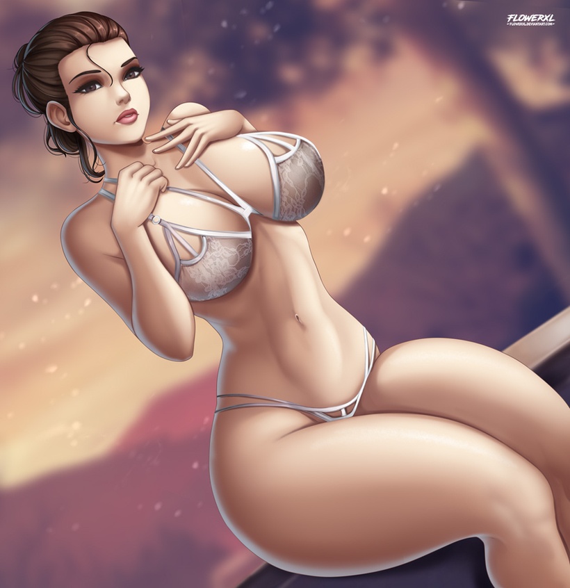 1girl 1girl 1girls artist_request athletic athletic_female big_breasts big_breasts breasts brown_eyes brown_hair detailed_background female_only flowerxl front_view huge_breasts huge_thighs human lingerie pale-skinned_female pale_skin pink_mouth rey sitting star_wars the_force_awakens thick_thighs voluptuous_female white_lingerie wide_hips widescreen