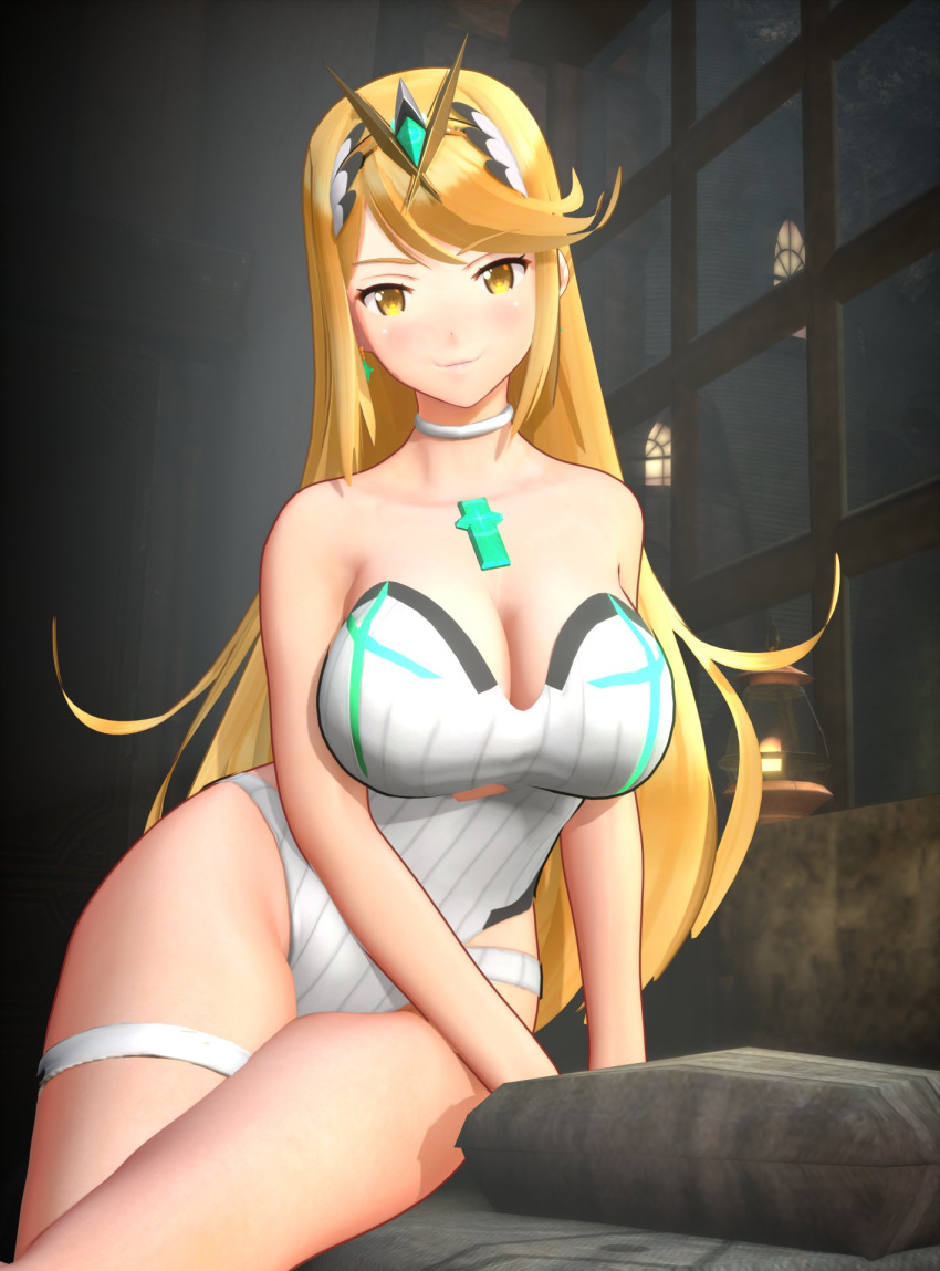 1girl 1girl 3d 3d_(artwork) big_breasts blobcg blonde_hair breasts core_crystal gold_eyes hips light-skinned_female light_skin long_hair looking_at_viewer mythra naughty_face nintendo one-piece_swimsuit swept_bangs swimsuit thick_thighs thighs wide_hips xenoblade_(series) xenoblade_chronicles_2