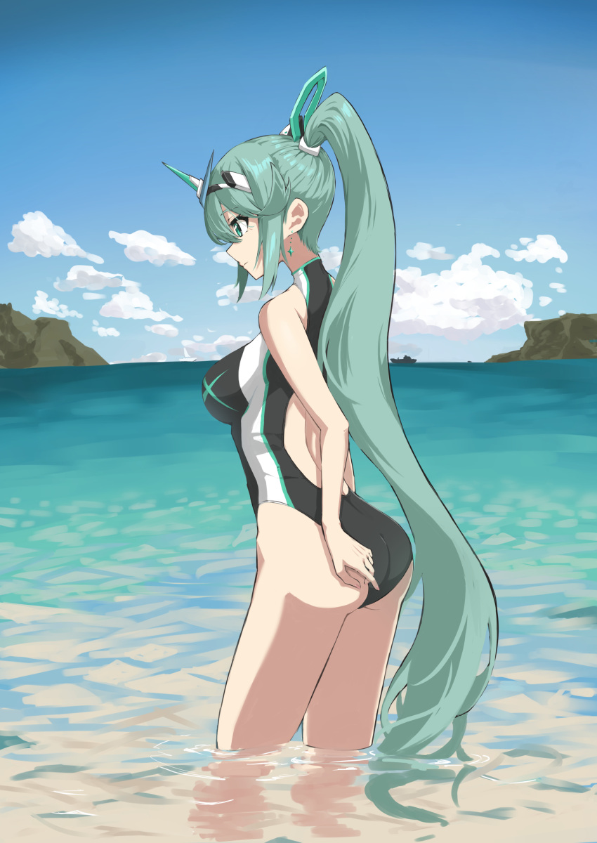 1girl 1girl absurd_res alternate_costume aotsuba big_breasts breasts competition_swimsuit green_eyes green_hair high_res long_hair ocean one-piece_swimsuit pneuma_(xenoblade) ponytail swept_bangs swimsuit tiara very_long_hair water xenoblade_(series) xenoblade_chronicles_(series) xenoblade_chronicles_2