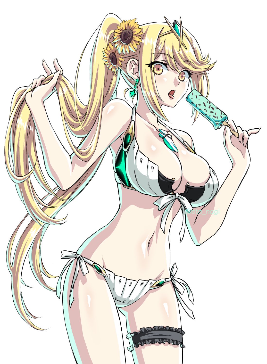 1girl 1girl adapted_costume alluring big_breasts bikini blonde_hair breasts mythra_(xenoblade) oto_nagi simple_background swimsuit white_background xenoblade_chronicles_(series) xenoblade_chronicles_2 yellow_eyes