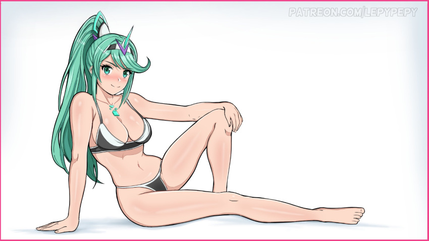 1girl 1girl alluring arm_support bare_legs bare_shoulders barefoot big_breasts bikini black_bikini blush breasts cleavage closed_mouth collarbone commission eyelashes female_focus gem green_eyes green_hair hair_ornament hand_on_own_knee headpiece high_ponytail high_res knee_up lepypepy long_hair looking_at_viewer matching_hair/eyes midriff navel nintendo patreon_username pneuma_(xenoblade) ponytail shiny_skin sidelocks simple_background sitting smile swimsuit thighs toes watermark web_address white_background white_bikini xenoblade_(series) xenoblade_chronicles_(series) xenoblade_chronicles_2