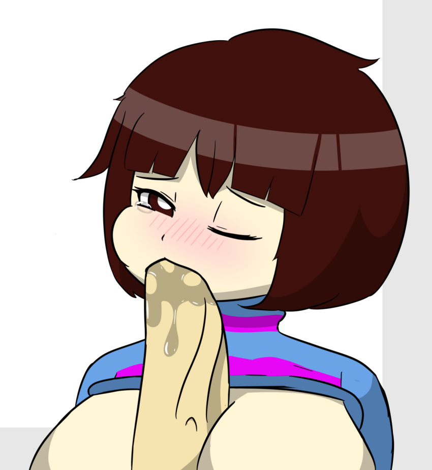 1girl 2010s 2018 big_breasts blush breasts brown_eyes brown_hair fellatio female_focus female_frisk female_human frisk heart human one_eye_closed oral outercourse paizuri penis penis_between_breasts shirt_pulled_up shirt_up short_hair smile solo_focus tear tonytoran undertale undertale_(series) white_background