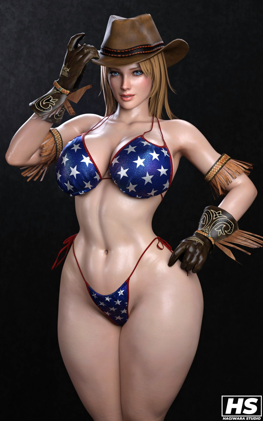 1girl 3d 3d_(artwork) alluring athletic_female big_breasts bikini blonde_hair blue_eyes dead_or_alive dead_or_alive_2 dead_or_alive_3 dead_or_alive_4 dead_or_alive_5 dead_or_alive_6 dead_or_alive_xtreme dead_or_alive_xtreme_2 dead_or_alive_xtreme_3_fortune dead_or_alive_xtreme_beach_volleyball dead_or_alive_xtreme_venus_vacation female_abs female_only fit_female gloves hagiwara_studio hand_on_hat hat long_hair looking_at_viewer midriff side_tie_bikini simple_background smile solo_female standing string_bikini swimsuit tecmo thighs tina_armstrong