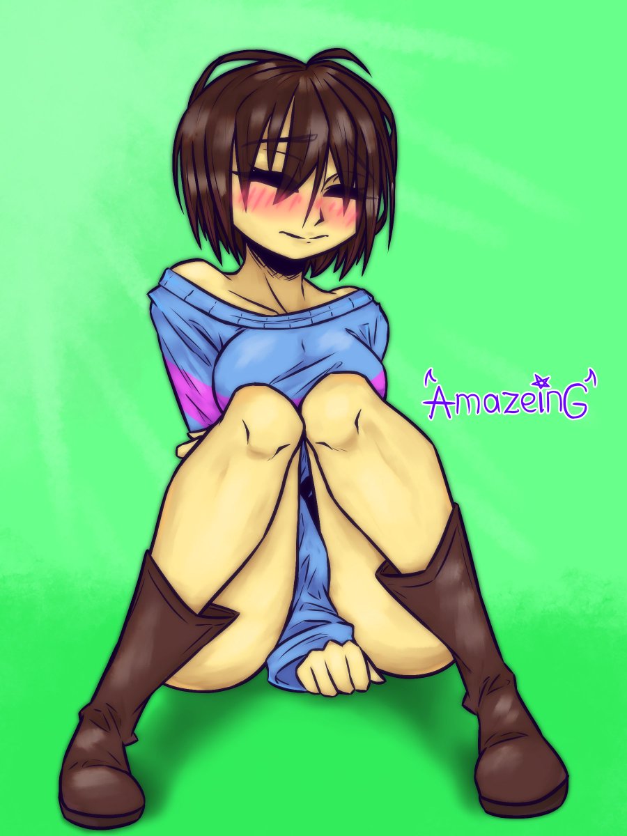 1girl a-maze-in-g amazeing666 artist_name bad_id bad_twitter_id big_ass big_breasts blush boots brown_hair closed_eyes covering_crotch embarrassed female female_frisk female_frisk_(undertale) female_human female_only frisk frisk_(undertale) frisk_female frisk_female_(undertale) green_background human human_only no_panties no_pants no_shorts simple_background sitting solo solo_female solo_human sweater thick_thighs undertale undertale_(series)