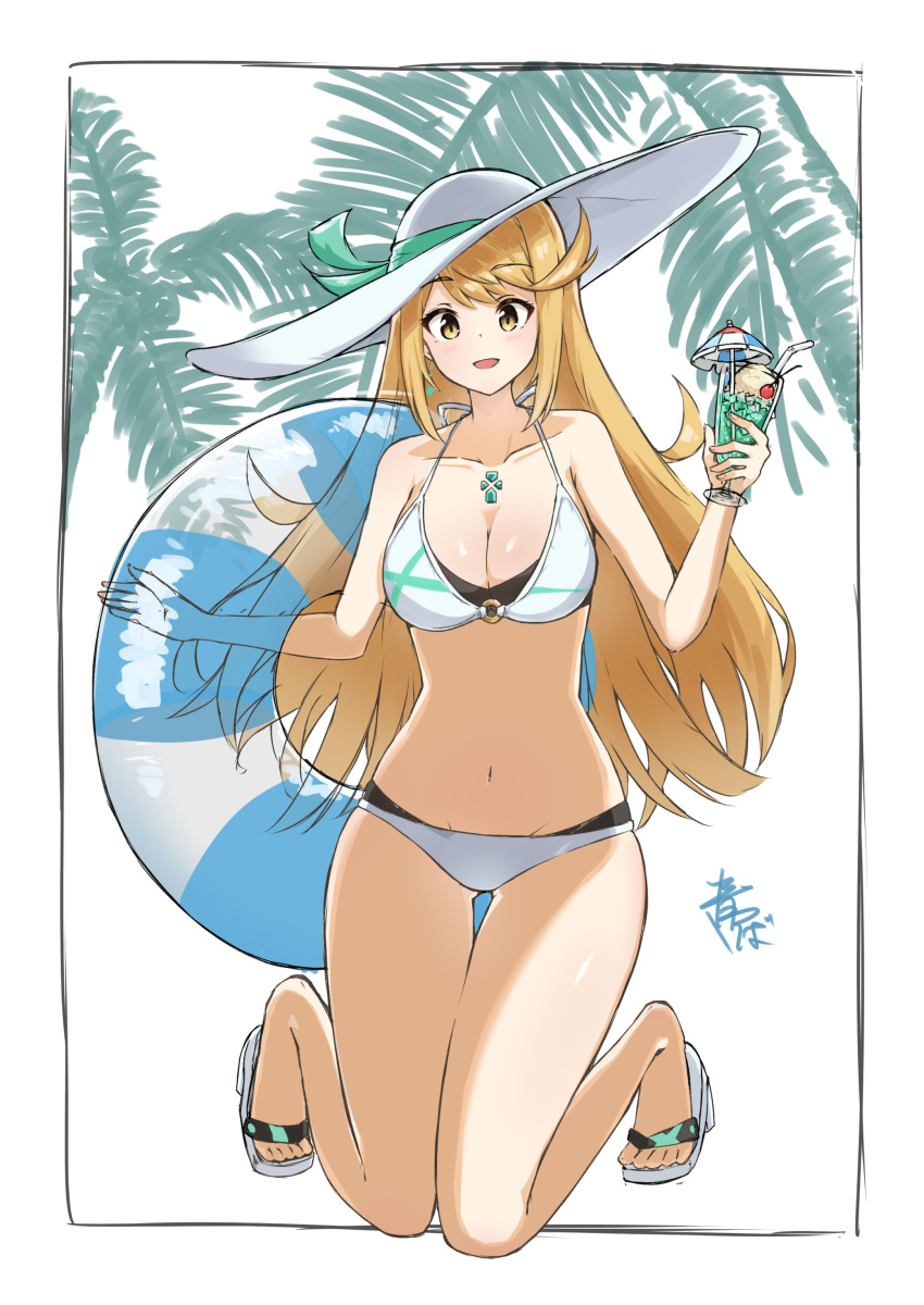 1girl absurd_res alluring alternate_costume aotsuba bare_legs bare_shoulders big_breasts bikini blonde_hair breasts chest_jewel commentary_request full_moon hat high_res holding holding_food holding_ice_cream holding_innertube ice_cream innertube jewelry kneel knees_together_feet_apart long_hair looking_at_viewer moon mythra_(xenoblade) navel nintendo sandals sun_hat swept_bangs swimsuit tiara very_long_hair white_bikini xenoblade_(series) xenoblade_chronicles_(series) xenoblade_chronicles_2 yellow_eyes