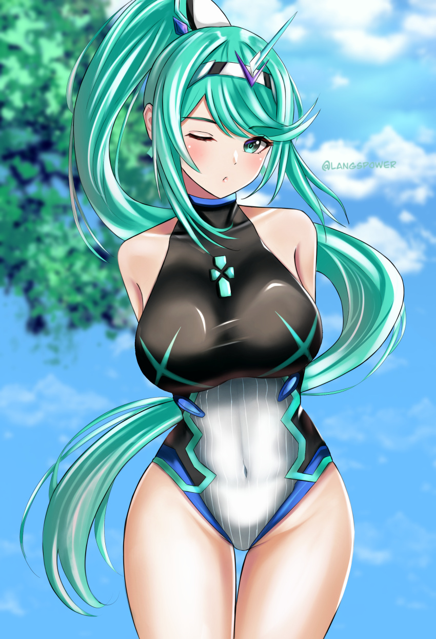 1girl absurd_res alluring big_breasts breasts chest_jewel earrings green_eyes green_hair headpiece high_res jewelry langspower long_hair navel nintendo pneuma_(xenoblade) ponytail swept_bangs swimsuit tiara very_long_hair xenoblade_(series) xenoblade_chronicles_(series) xenoblade_chronicles_2