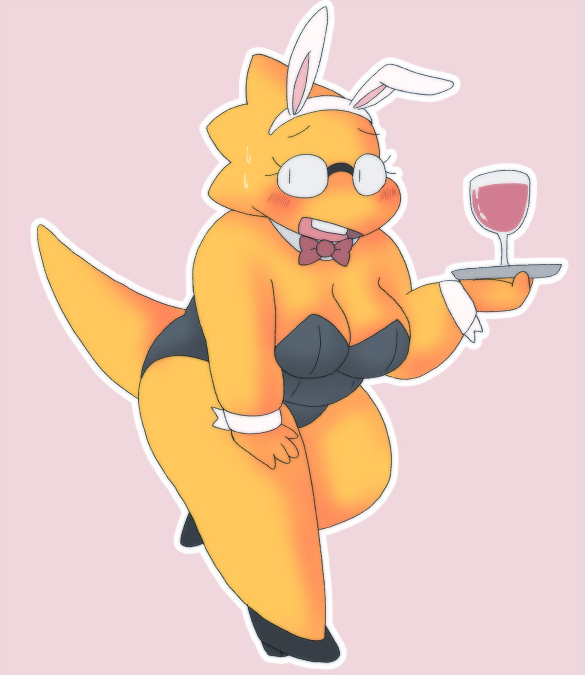 1girl adorable alphys alphys_(undertale) anthro anthro_only aruput aruput_ut big_breasts black_bunnysuit blush blushing_female breasts buckteeth bunny_ears bunnysuit chubby chubby_female cleavage cute embarrassed female female_only glasses heeled_shoes high_heels lizard lizard_girl lizard_tail monster monster_girl non-mammal_breasts pink_background platter reptile reptile_girl reptile_tail simple_background solo solo_anthro solo_female sweat tail teeth thick_thighs tray undertale undertale_(series) white_bunny_ears wine_glass yellow_body yellow_skin