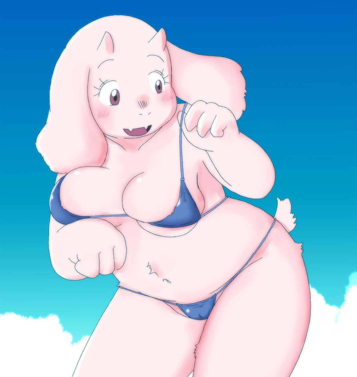 1girl adorable anthro anthro_only aruput aruput_ut belly big_breasts bikini bikini_bottom bikini_top boss_monster breasts caprine chubby chubby_female cute female_only furry furry_female furry_only goat goat_ears goat_horns horns long_ears milf monster monster_girl sky solo_anthro solo_female swimsuit toriel undertale undertale_(series) white_body white_fur