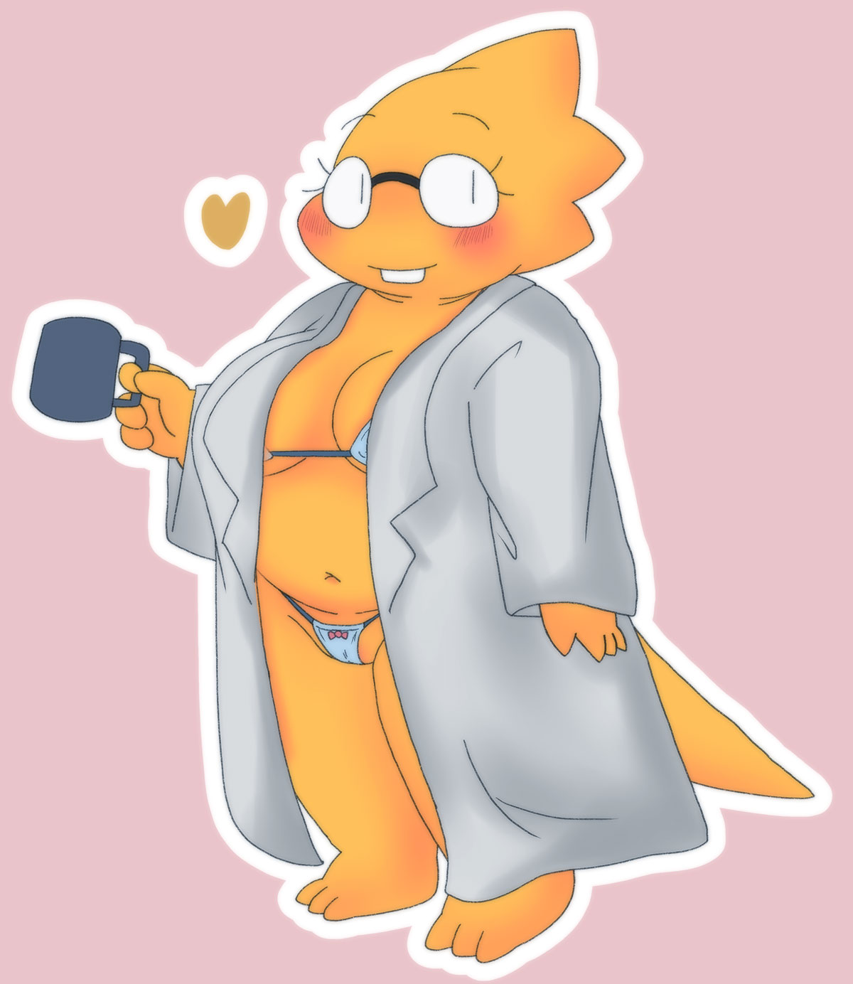 1girl alphys alphys_(undertale) alternate_version_available anthro aruput aruput_ut belly big_breasts bikini blush breasts buckteeth cameltoe chubby_anthro chubby_female clothed clothing coat container cup deep_navel eyewear female female_only front_view glasses heart high_res holding_cup holding_object lab_coat lizard lizard_girl looking_at_viewer monster monster_girl navel non-mammal_breasts open_clothing open_coat open_topwear partially_visible_vulva pink_background reptile reptile_girl scales scalie simple_background skimpy slightly_chubby smile solid_color_background solo solo_anthro solo_female standing string_bikini swimwear teeth thick_tail thick_thighs three-quarter_view topwear undertale undertale_(series) video_games yellow_body yellow_scales yellow_skin