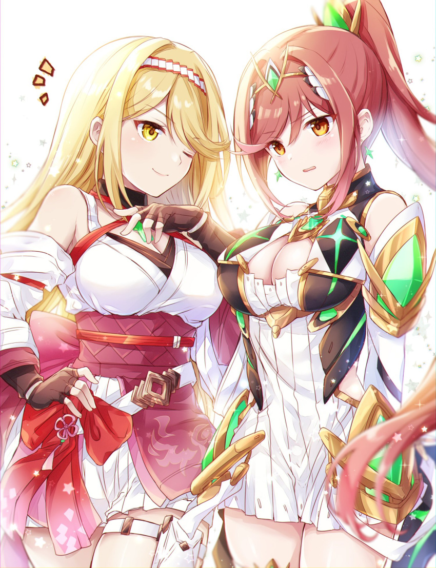 2_girls alluring alternate_costume aunt_and_niece big_breasts blonde_hair breasts chest_jewel glimmer_(xenoblade) glimmer_(xenoblade)_(cosplay) mythra_(xenoblade) mythra_(xenoblade)_(cosplay) red_eyes ui_frara xenoblade_chronicles_(series) xenoblade_chronicles_2 xenoblade_chronicles_3 xenoblade_chronicles_3:_future_redeemed yellow_eyes