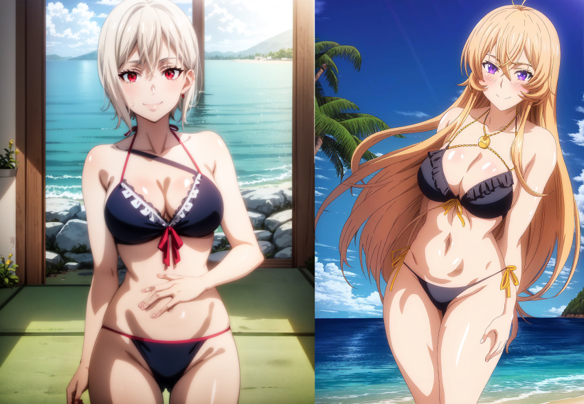 2girls alluring big_breasts bikini cleavage cousins magenta_eyes nakiri_alice nakiri_erina pin_up purple_eyes shokugeki_no_souma silver_hair strawberry_blonde_hair wiz_(artist)