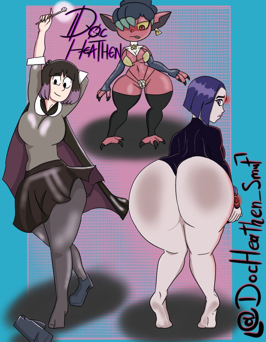 3girls ass barefoot bicolored_cape bicolored_hair big_ass big_breasts black_cape black_hair black_skirt blush breasts cape clothed crossover dat_ass dc_comics disney docheathen_smut feet female female_only forehead_jewel gray_sweater grey_skin grin hilda_(series) huge_ass huge_breasts kaisa_(hilda) kikimora_(the_owl_house) large_ass legwear leotard looking_at_viewer looking_back looking_back_at_viewer magic_wand multiple_girls netflix pale-skinned_female pale_skin purple_cape purple_eyes purple_hair purple_legwear purple_leotard raven_(dc) red_skin sad shirt short_hair skirt smile smiling_at_viewer stockings sweater teen_titans the_owl_house thick thick_ass thick_body thick_breasts thick_butt thick_hips thick_legs thick_thighs thighs thong_leotard voluptuous voluptuous_female wand white_shirt wide_hips