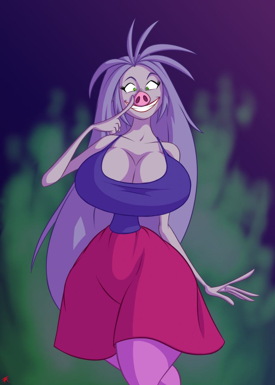 big_ass big_breasts cursereaper disney green_eyes hourglass_figure long_hair madam_mim purple_hair smirk the_sword_in_the_stone