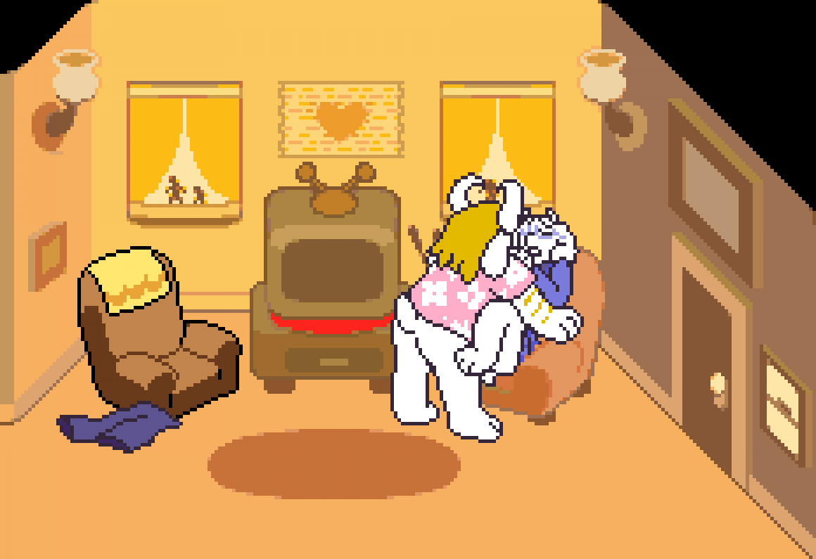 1boy 1boy1girl 1girl accurate_art_style anthro anthro_on_anthro anthro_only asgore_dreemurr asgoriel blonde_hair bottomless closed_eyes clothed_sex deltarune furry furry_only goat goat_horns horn horns living_room missionary_position on_couch on_sofa penetration pixel_art purple_glasses serfuzzy standing straight toriel undertale undertale_(series) white_body white_fur