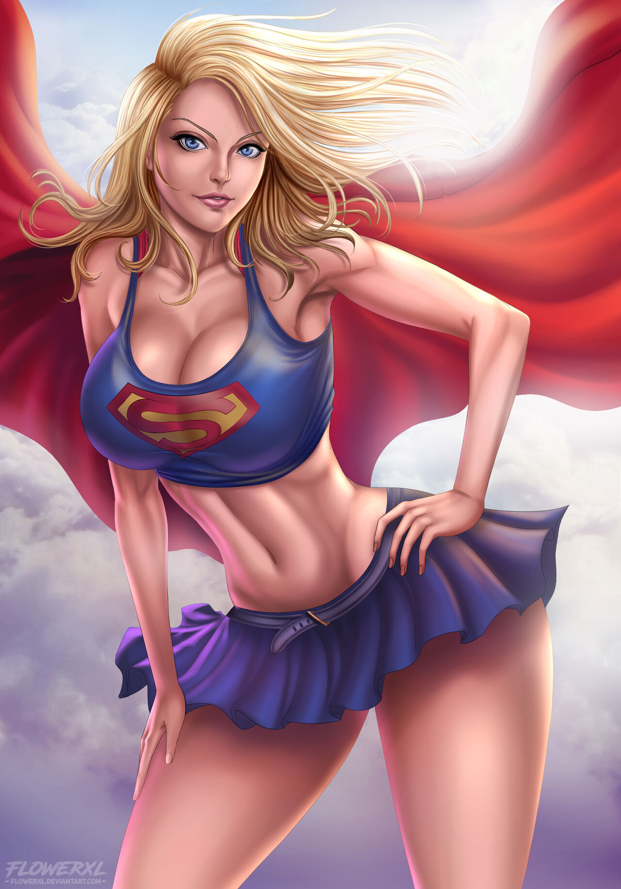 1female 1girl 1girl artist_logo athletic big_breasts big_breasts blonde_hair blue_eyes blue_skirt blue_topwear breasts cape clouds curvy dc_comics dc_comics female_only flowerxl hair_in_wind hand_on_thigh kara_zor-el long_hair looking_at_viewer pale-skinned_female pink_lips pink_lipstick pinup red_cape sky_background smile standing supergirl supergirl_(series) superheroine thick_thighs watermark