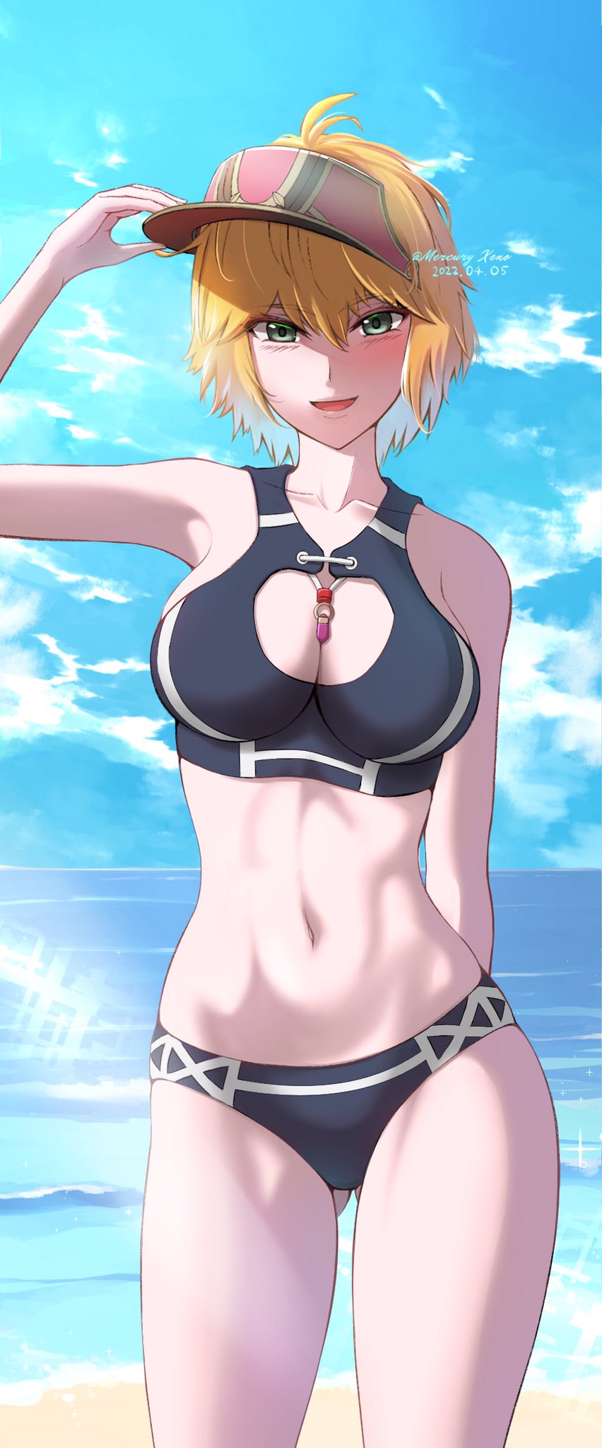 1girl 1girl alluring beach big_breasts blonde_hair blue_eyes breasts cleavage fiora_(xenoblade) green_eyes hat high_res looking_at_viewer mercury_xeno navel open_mouth short_hair simple_background smile swimsuit xenoblade_(series) xenoblade_chronicles_(series) xenoblade_chronicles_1