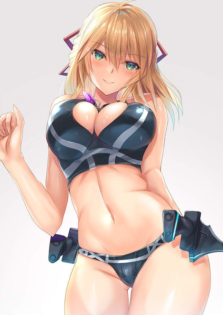 1girl alluring arm_up athletic_female bare_shoulders big_breasts bikini black_one-piece_swimsuit blonde_hair blush breasts cleavage cleavage_cutout clothing_cutout contrapposto female_abs fiora_(xenoblade) fit_female gluteal_fold green_eyes grey_background hair_ornament head_tilt inoue_takuya_(tactactak) jewelry knife looking_at_viewer medium_hair navel necklace nintendo one-piece_swimsuit simple_background smile swimsuit weapon xenoblade_(series) xenoblade_chronicles_(series) xenoblade_chronicles_1