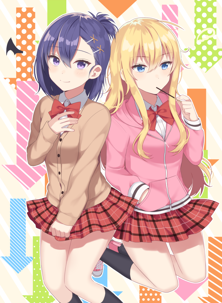 2_girls ahoge arrow_(symbol) asymmetrical_bangs bad_id bad_pixiv_id black_legwear blonde_hair blue_eyes blush bow bowtie cardigan clenched_hand closed_mouth collared_shirt cross-laced_footwear diagonal_stripes dress_shirt eating food gabriel_dropout gabriel_tenma_white hair_between_eyes hair_ornament hairclip hand_in_pocket hand_on_own_chest head_tilt holding holding_food hood hoodie izumo_neru kneehighs legs_up long_hair long_sleeves looking_at_viewer looking_away messy_hair multiple_girls plaid plaid_skirt pleated_skirt pocky purple_eyes purple_hair red_bow red_bowtie red_skirt school_uniform shirt shoes skirt sleeves_past_wrists smile sneakers socks striped very_long_hair vignette_tsukinose_april wing_collar x_hair_ornament