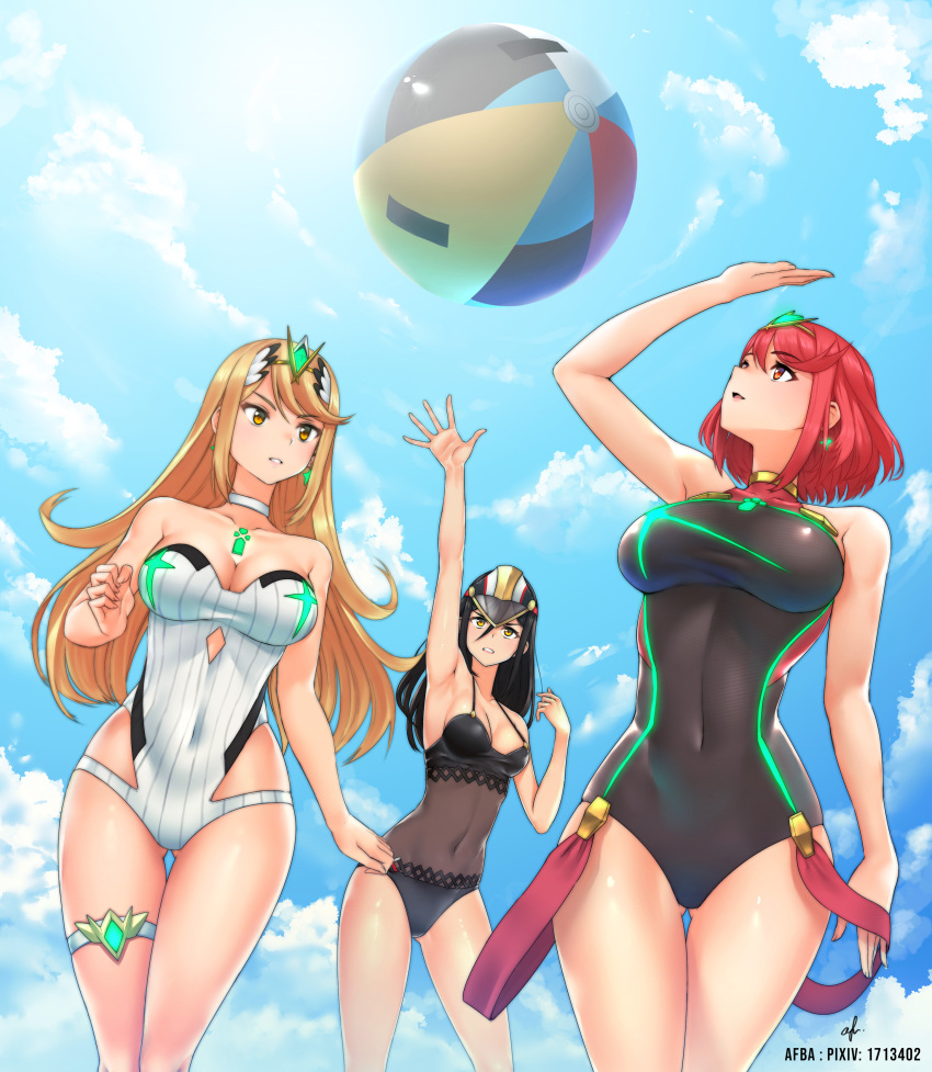 3_girls afba alluring beach_ball bikini black_hair blonde_hair cleavage morag_(xenoblade) morag_ladair mythra nintendo ocean pyra red_eyes red_hair xenoblade_(series) xenoblade_chronicles_2 yellow_eyes