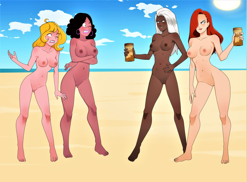 4girls anoneysnufftan arrest beach biting_lip black_hair blonde_hair blue_eyes breasts carole_(heavy_traffic) clenched_teeth clouds confrontation coonskin dark-skinned_female dark_skin defeated defeated_villainess embarrassed embarrassed_nude_female erect_nipples female female_only freckles hair_over_one_eye hawaiian_tropic heavy_traffic hoop_earrings humiliation jessica_rabbit killer_lotion long_hair lotion lotion_bottle marvel miss_america_(coonskin) nipples nude ocean peril pussy red_hair sand scared seaside sky s***f storm_(x-men) summer sunscreen white_hair who_framed_roger_rabbit wince x-men