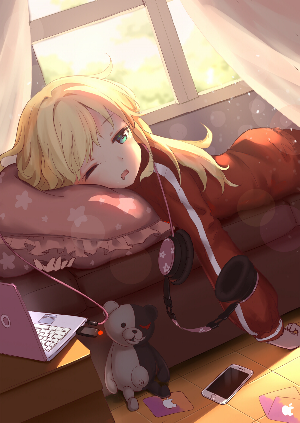 86: aliter apple_inc. blonde_hair blue_eyes blush cellphone commentary_request computer couch curtains danganronpa_(series) drooling dutch_angle frilled_pillow frills gabriel_dropout gabriel_tenma_white headphones highres indoors irl jacket laptop lens_flare long_hair long_sleeves lying monokuma on_stomach one_eye_closed open_mouth phone pillow smartphone solo source: star_(symbol) star_print sunlight tagme tile_floor tiles track_jacket usb window